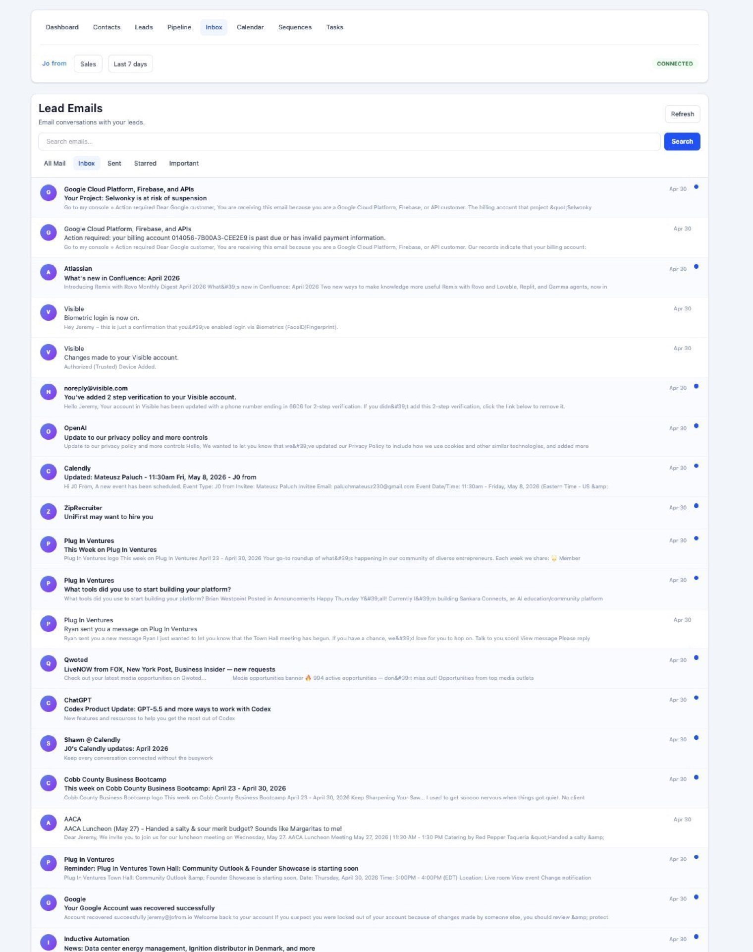 j0from product screenshot sales crm j0from sales lead email inbox list